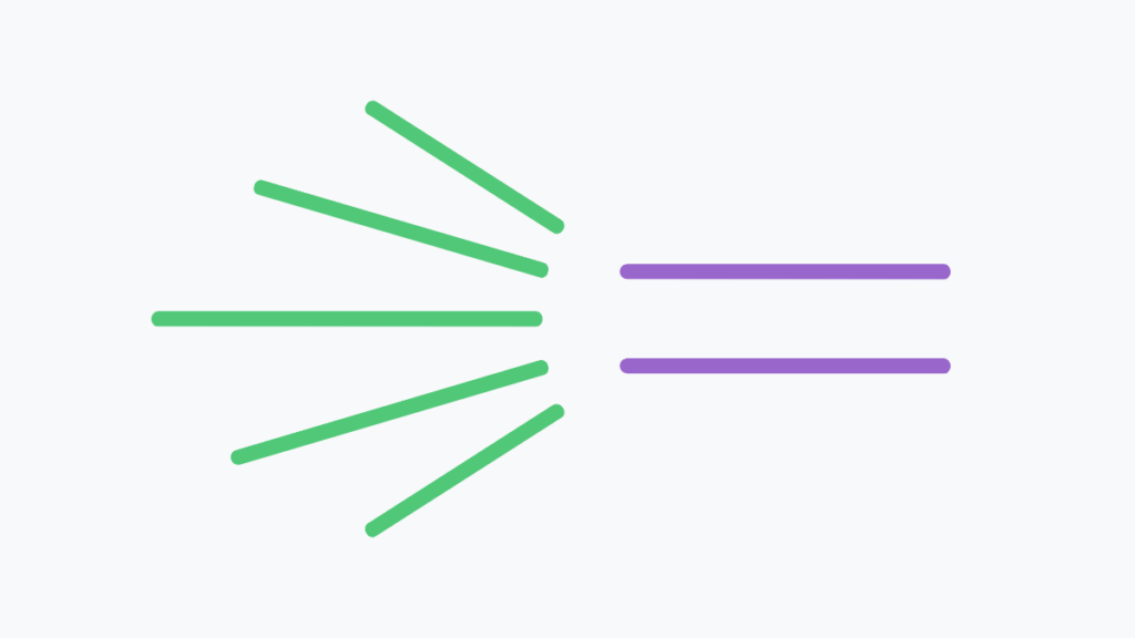 An abstract geometric diagram showing green radiating lines converging into two parallel purple lines, representing the stabilization of clean energy through a nuclear foundation.